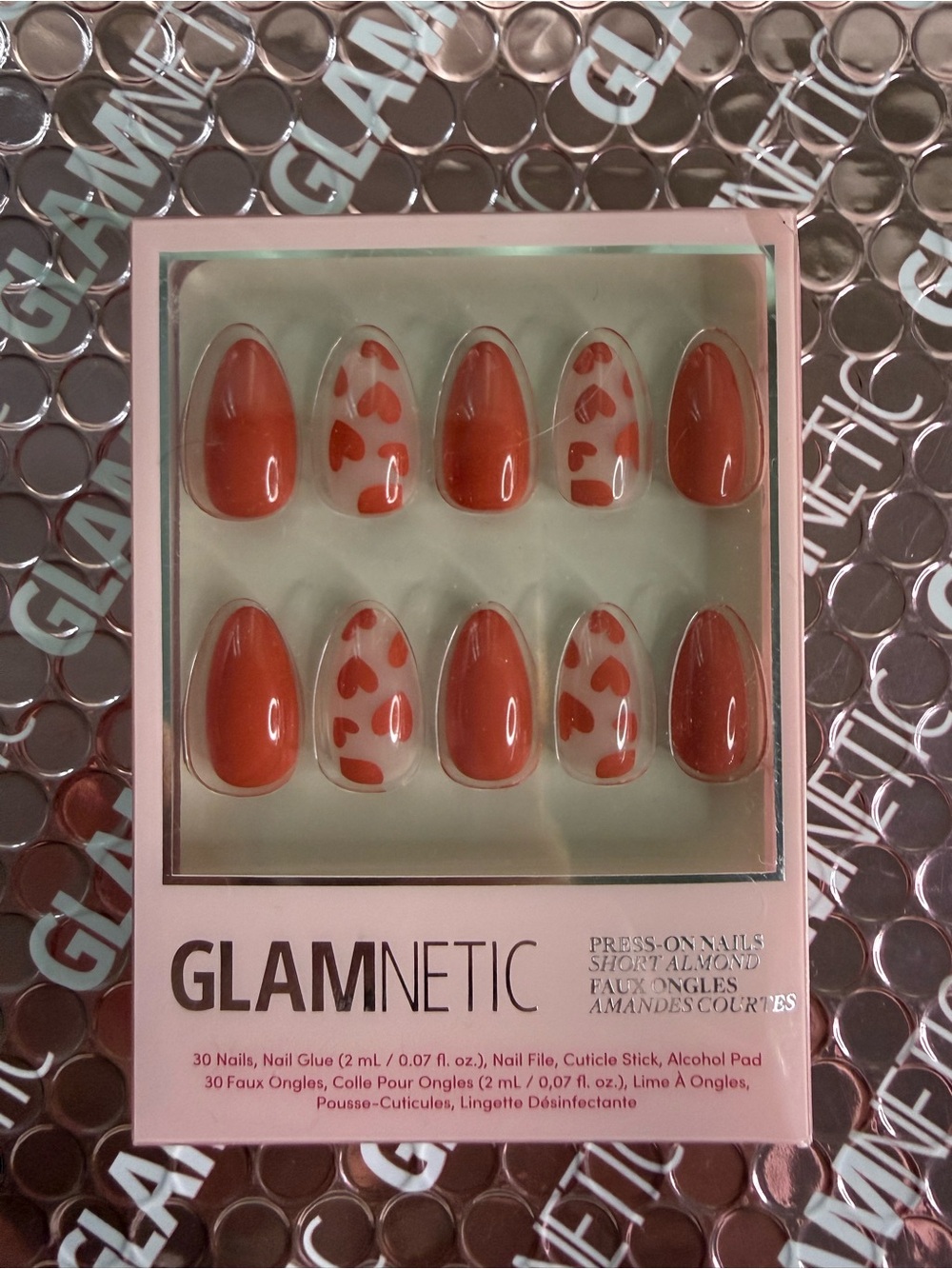 GLAMnetic Short Almond Press-On Nails in Coral Red Heart Accent